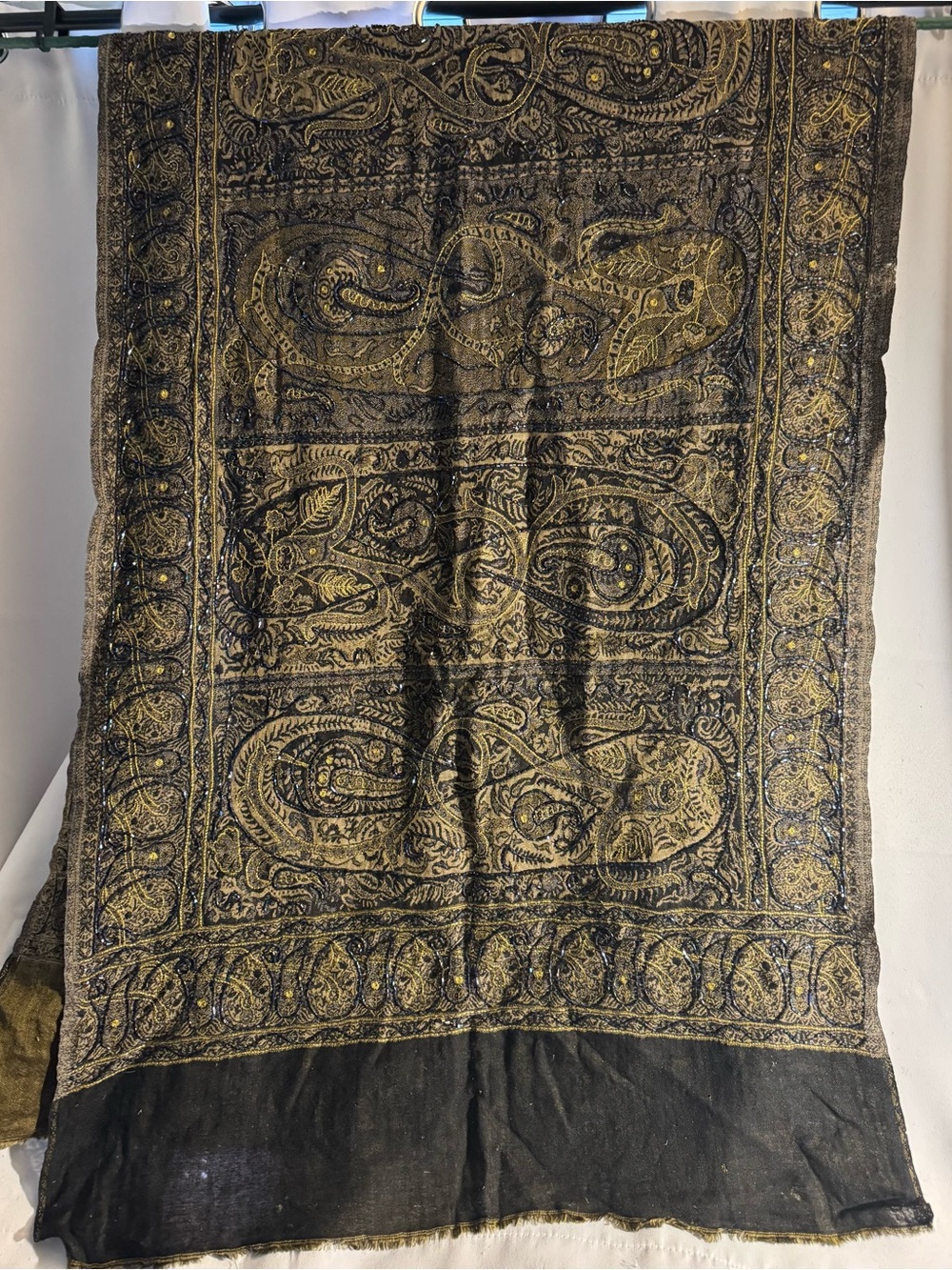 Intricate Black & Gold Paisley Embroidered Shawl